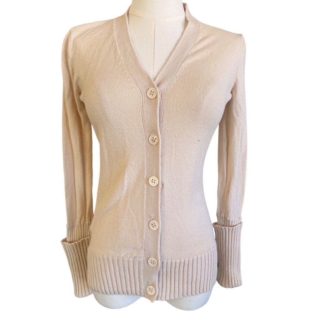 BCBGMAXAZRIA Cream Beige Cotton Blend V-Neck Ribbed Cuff Cardigan Sweater Small